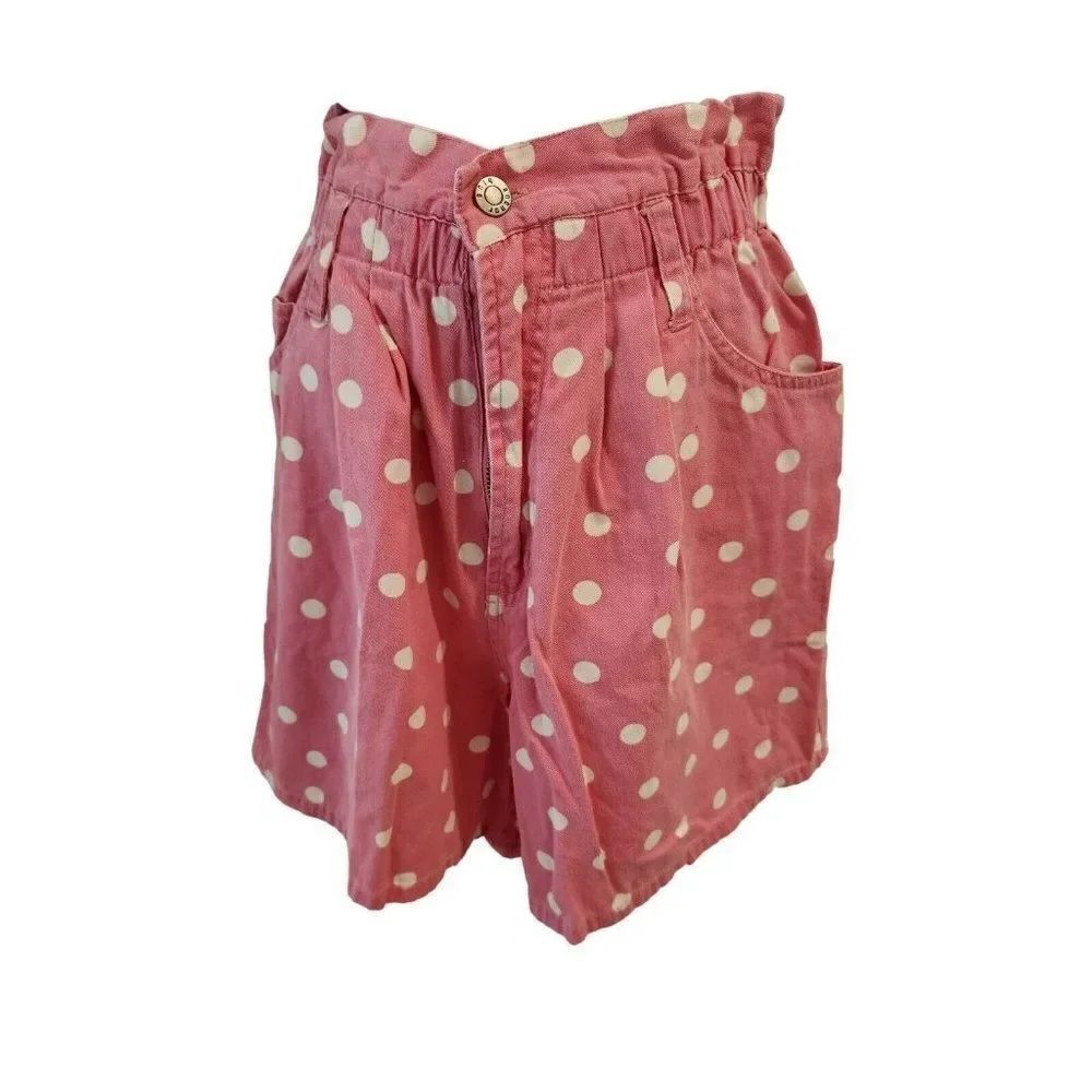 Vintage 80s Pink White Polka Dot High Waisted Demin Shorts 5 Paper Bag Waist
